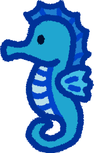 a blue sea horse. it has a black eye, and a long face / nose pointing to the left. it has a protruding belly which is a lighter blue and has 4 horizontal lines going down the tummy. it’s tail extends under its belly and curls at the end. it has a sea shell like shaped fin on the right side of its body, and a long fin going from the top of its head down to its back, almost looking like a mohawk.